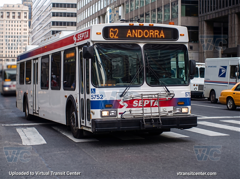 SEPTA 5752 on Route 62
Route 62 to Andorra
Taken in 2009
Keywords: SEPTA Bus;New Flyer D40LF;Enhanced with AI