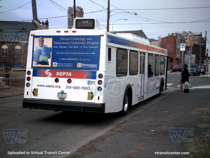 SEPTA 8111 on Route 47
Rear view

Note the old style transit stop in the background
Keywords: SEPTA Bus;New Flyer D40LF