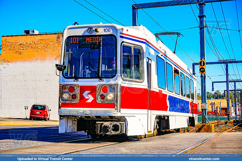 SEPTA Trolley Suburban K-car 106 on route D1
SEPTA Metro D1 Line to Media
Retro "1980's Delivery Livery"
Kawasaki DE LRV
Keywords: SEPTA Retro;SEPTADELRV