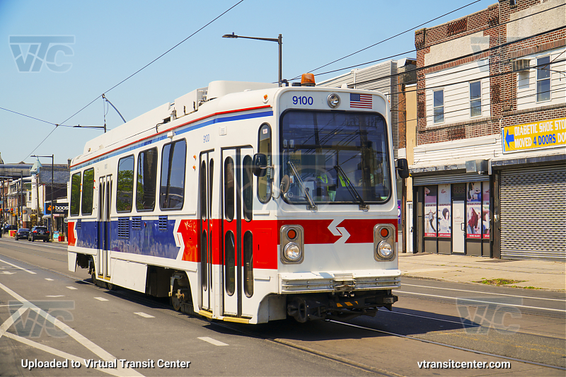 SEPTA Trolley K-Car 9100 on Route T4 
Route T4 to 13th St (Former Route 11)
Retro "1980's Delivery Livery"
Keywords: SEPTA Retro Trolley;Throwback Livery;Retro Livery;SEPTA Trolley;Kawasaki LRV