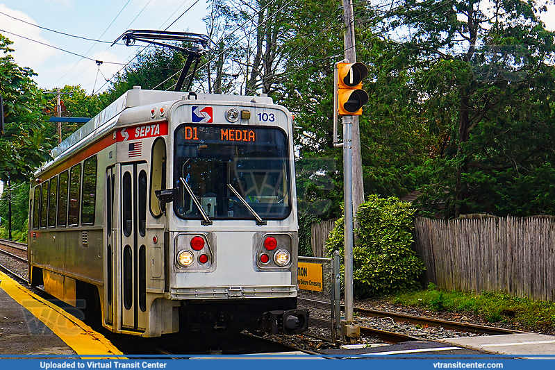 SEPTA Trolley Suburban K-Car 103 on Route D1
SEPTA Metro D1 Line to Media
Kawasaki DE LRV
Keywords: SEPTA Trolley;SEPTA Metro;Kawasaki LRV