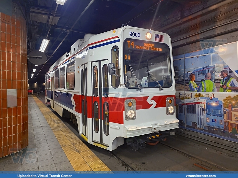 SEPTA Trolley K-car 9000 on route T4
Route T4 to Darby Transit Center 
Retro "1980's Delivery Livery"
Kawasaki LRV
Keywords: SEPTATrolley;Kawasaki