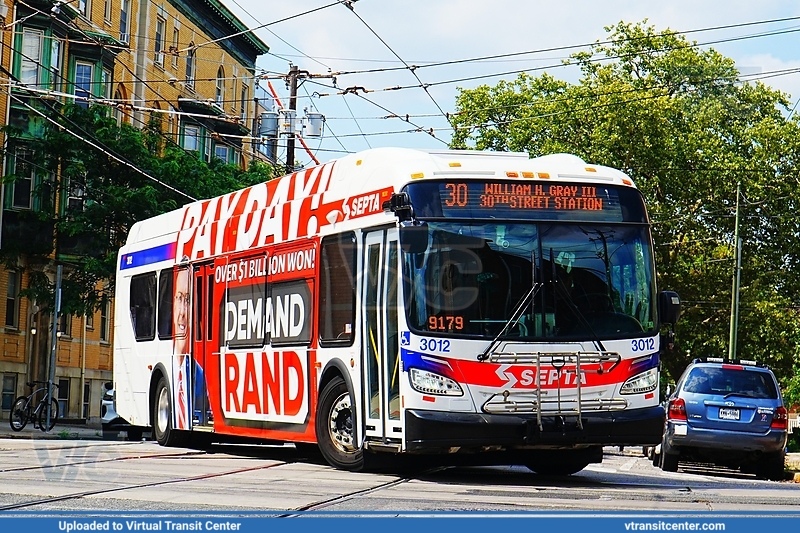 SEPTA 3012 on Route 30
Route 30 to William H Gray III 30th Street Station
New Flyer XDE40
