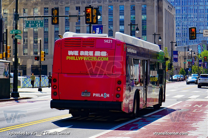 Krapf's Transit 1421 on PHLASH
Wrapped for FIFA Fan Fest 2026

For the summer 2026 season, Krapf Transit added the larger ex-Navy Yard Transit buses to the PHLASH fleet in order to meet the ridership demands for the FIFA World Cup 2026 Fan Fest, which was hosted in the Lemon Hill section of Philadelphia.
Keywords: Krapf Transit