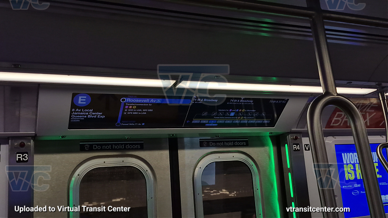 R211 E train Interior Screen
This shows transfers and where to exit at Jackson Heights-Roosevelt Av. 
