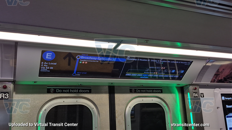 R211 E train Interior Screen 
This shows transfers and where to exit at Broadway-Lafayette St. Due to track maintenance, E trains were rerouted on the F line from West 4th Street-Washington Square to 2nd Avenue. This R211 was used for CBTC testing along the IND Queens Boulevard line.
