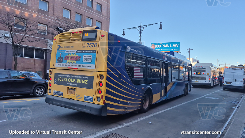 MTA New York City 7578 on the 2/5 shuttle 
Due to a destination sign code glitch, this bus showed the signage weirdly.
