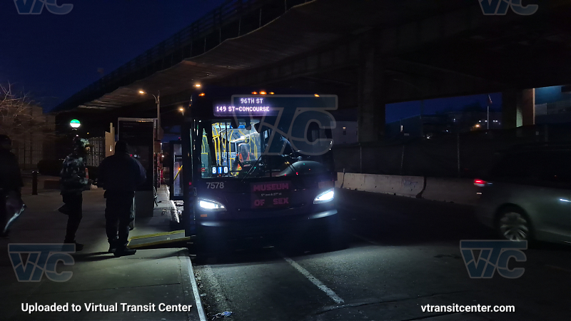 MTA New York City 7578 on the 2/5 shuttle 
Due to a destination sign code glitch, this bus showed the signage weirdly.
