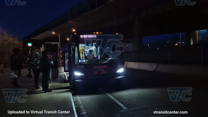 MTA New York City 7578 on the 2/5 shuttle 
Due to a destination sign code glitch, this bus showed the signage weirdly.
