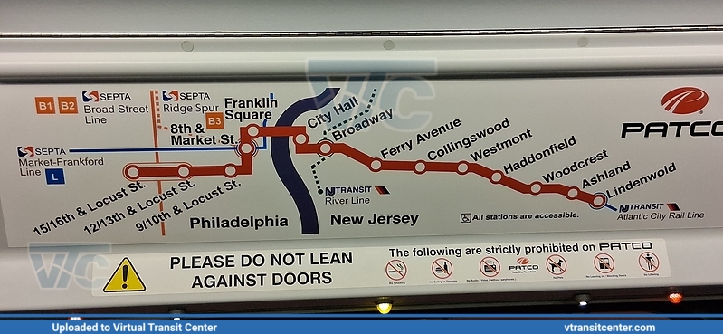 Map of the PATCO SpeedLine
Updated Strip Map on Car #1109 showing the new Franklin Square Station. 
