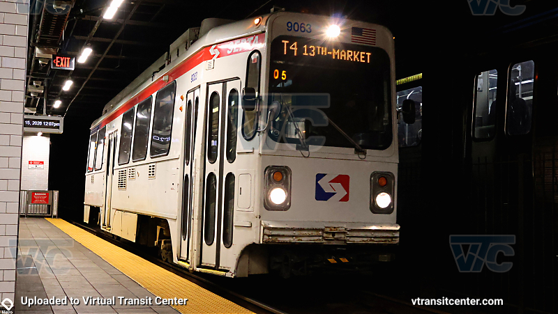 SEPTA 9000 Series Trolley Car on T4 and Eastbound AdTranz M4 on the L Line at 30th Street 
Eastbound Car 9063 meets an L1 Train stopped at Drexel Station at 30th Street. One of the few instances where a low-floor tram system shares a tunnel (but not track) with high-floor subway cars. 
