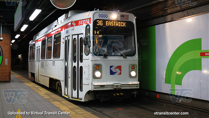 SEPTA 9000 Series Trolley Cars on Westbound T5 at 13th Street
Car 9006 on the T5 pulls into 13th Street. 
