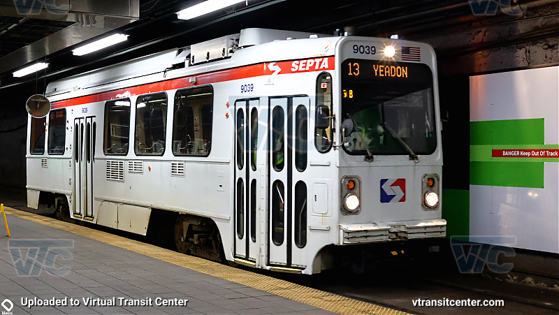 SEPTA 9000 Series Trolley Car on Westbound T3 at 13th Street
Car 9039  still displaying 13 pulls into 13th Street. 
