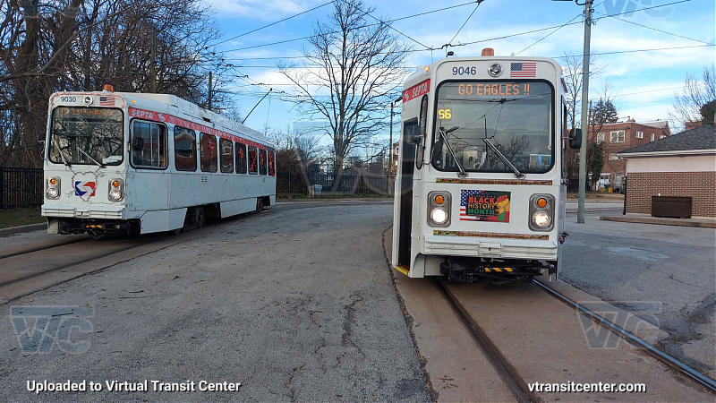 Loving black history month
Taken Feb. 11th, 2023. 

Sitting at Yeadon Loop is 9030 [Valentine Day Trolley] & 9046 [Black History Month Trolley] side by side.

Both cars were made by Elmwood Depot. 
