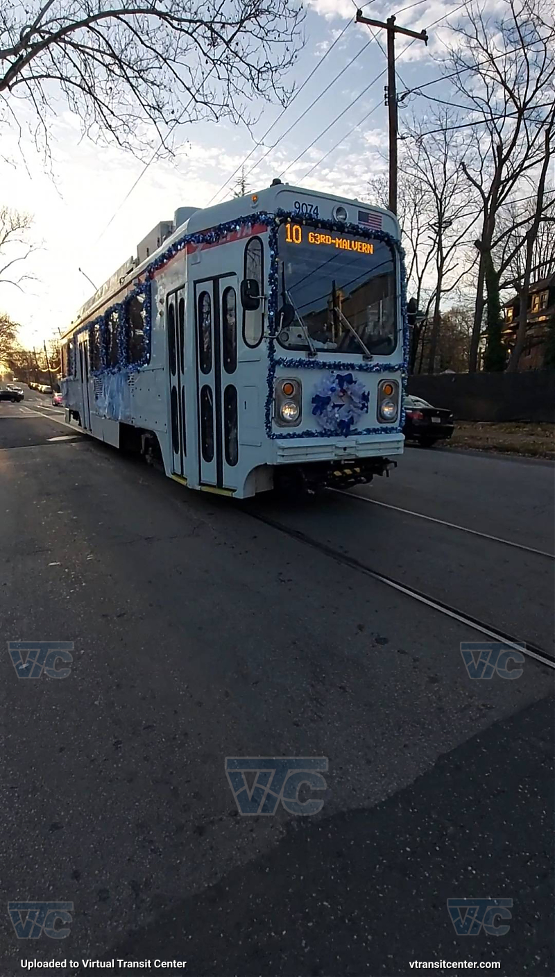 Winter Wonderland 3/3
[3/3] Taken Dec. 10th, 2021. Exterior of 9074 pulling into 63rd & Malvern Loop.

Winter Wonderland Trolley made by Callowhill Depot.
