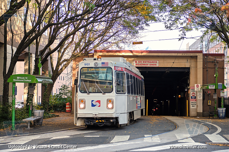 SEPTA Trolley K-Car 9101 on Route 10
This is where route 10, now T1, exits the subway-surface trolley tunnel.
