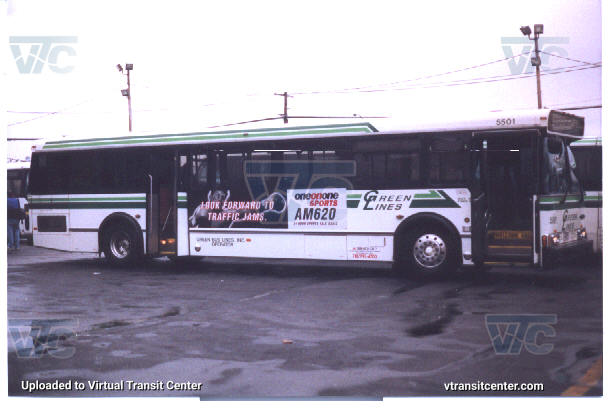 Green Lines 5501
Green Lines 5501 at the Green Lines JFK Depot in 1998. This bus was unique for having an Announcement system. Photographer Dave Mackey. 
Keywords: green lines;orion v