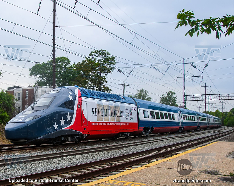 Amtrak Avelia Liberty with 2143 Leading
Commonly referred to as "Acela II" cars.

This particular unit is wrapped for America's 250th birthday, with the text "Revolutionary" on the side.
