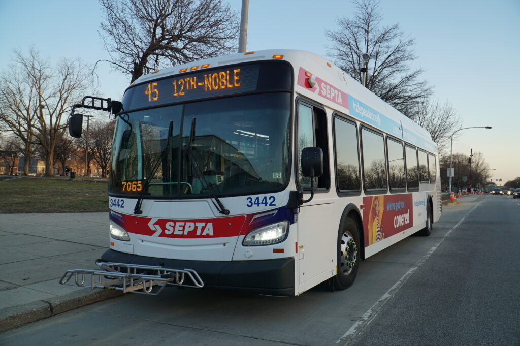 SEPTA New Flyer XDE40 3442 on route 45 at Broad Street and Oregon Avenue